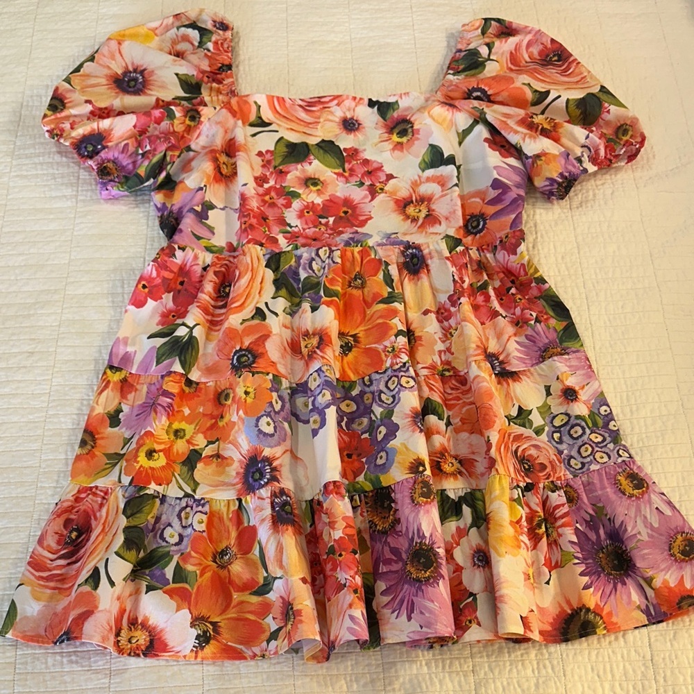 Express Floral Puff Sleeve XL Cottagecore Tiered Mini Dress Spring Garden Party - Picture 2 of 8